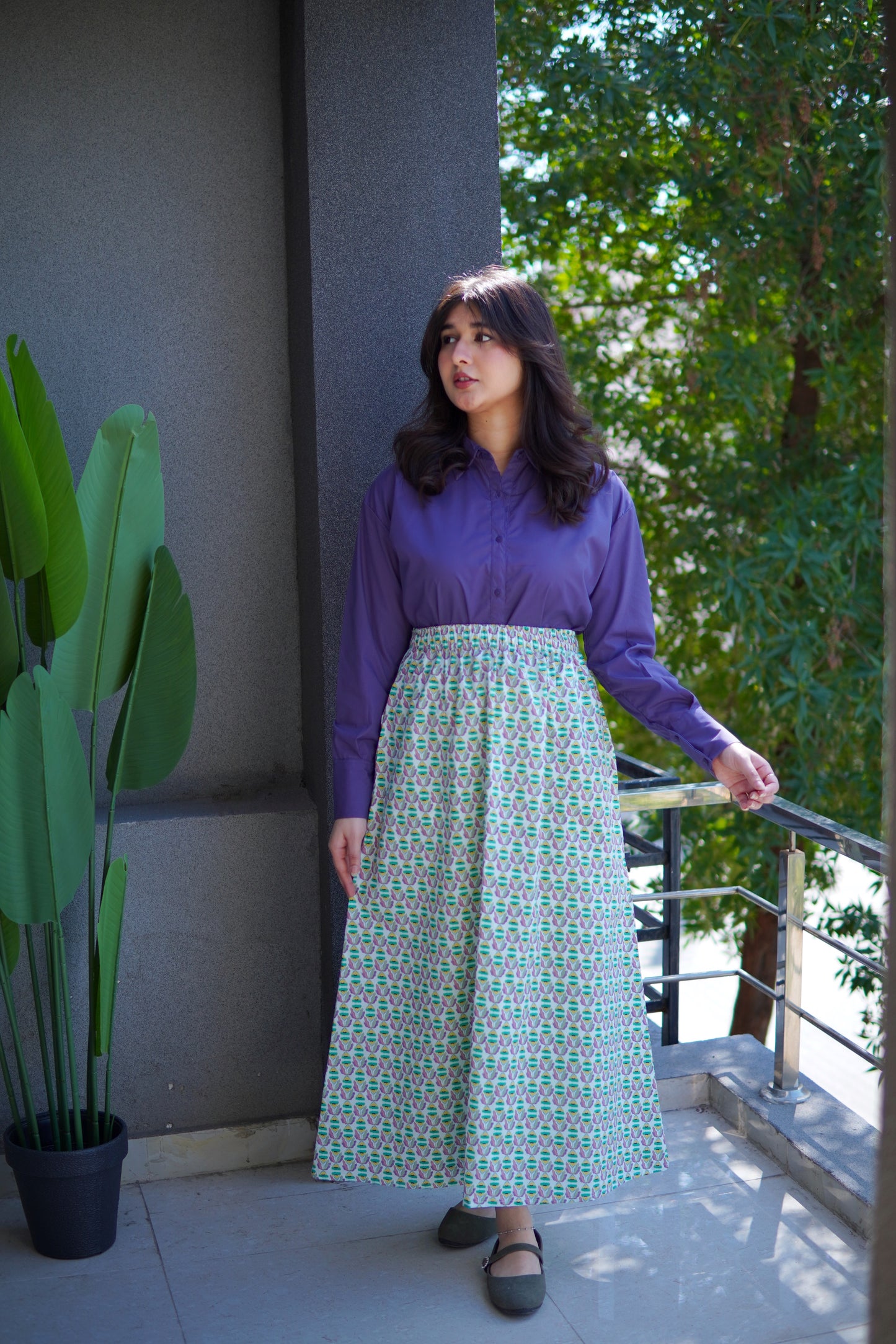 Skirt & Shirt Pair - Printed Skirt With deep Purple Shirt - OO6
