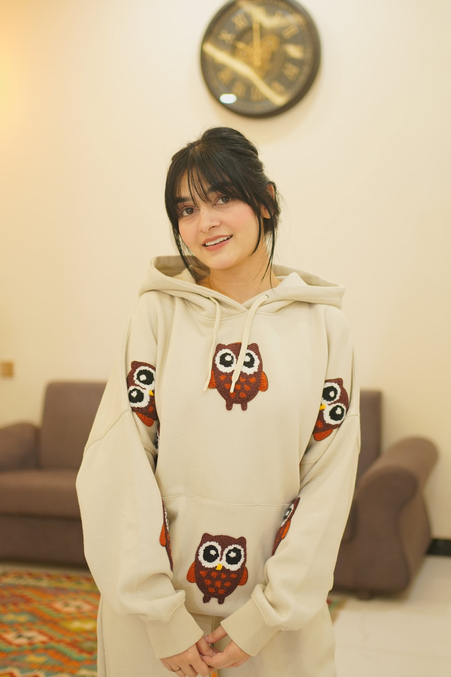 OVERSIZED BEIGE OWL HOODIE