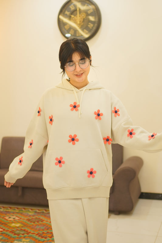OVERSIZED BEIGE FLOWER HOODIE