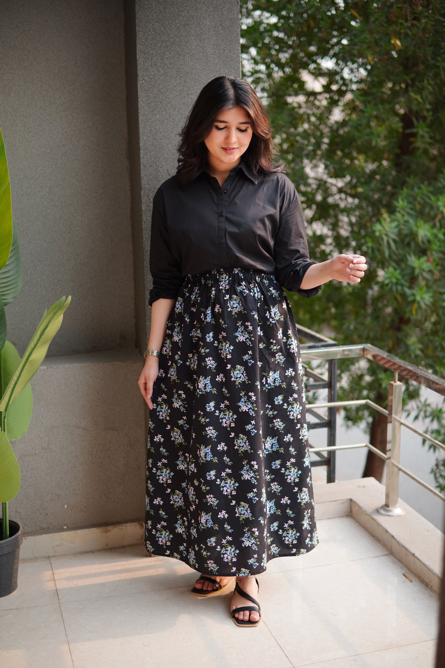 Skirt & Shirt Pair - Printed Skirt With black Shirt - 009