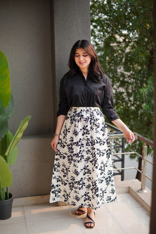 Skirt & Shirt Pair - Printed Skirt With black Shirt - 010